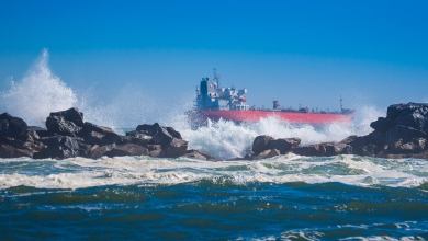 Storm surge damaging breakwater