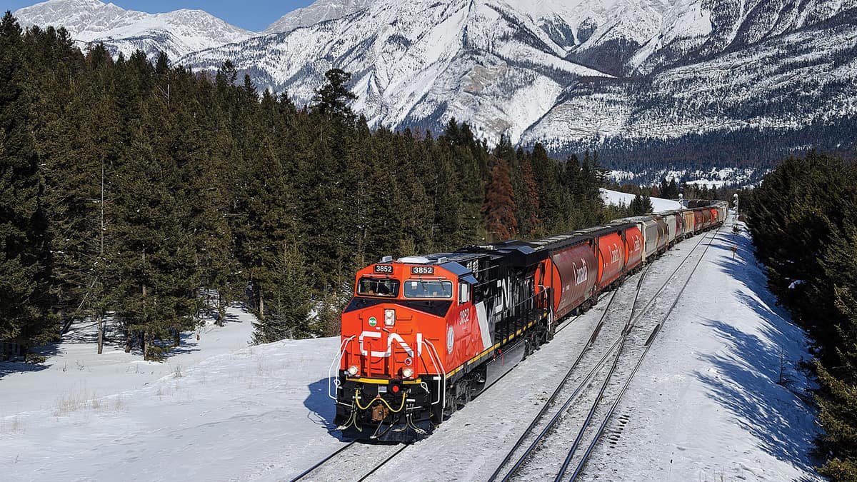 A photograph of a train traveling on rail track. There is a snowy mountain in the background and evergreen trees next to the train.