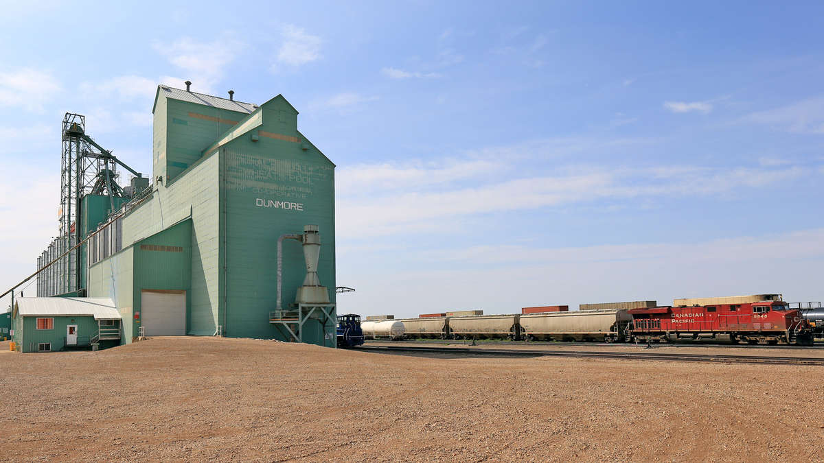 A photograph of a train in a field where grain is harvested. The train is next to a grain elevator.