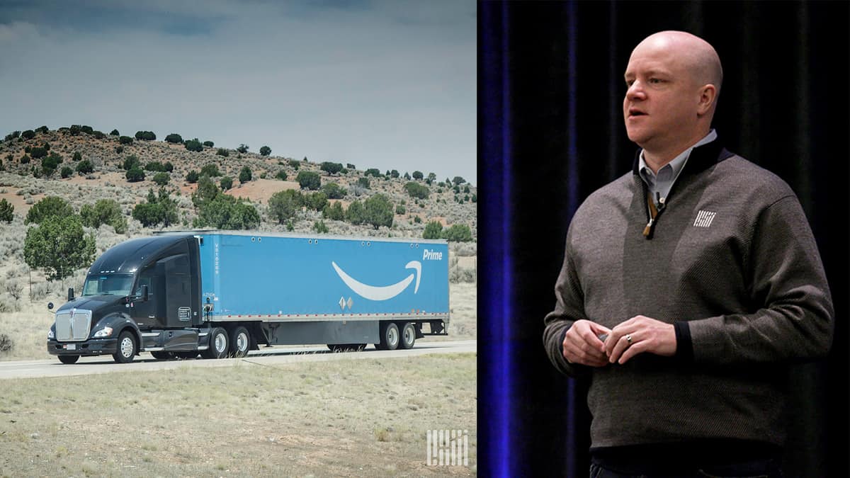 Blue Amazon Prime truck on one side, man speaking to audience on right