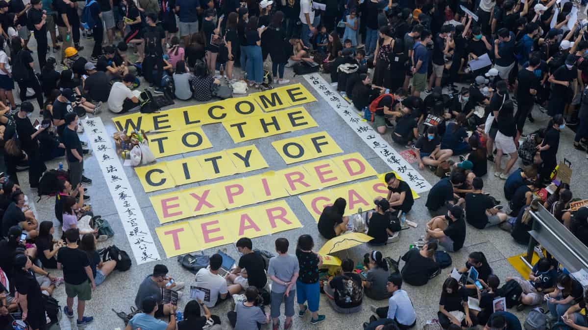 Peaceful protesters march in Hong Kong.