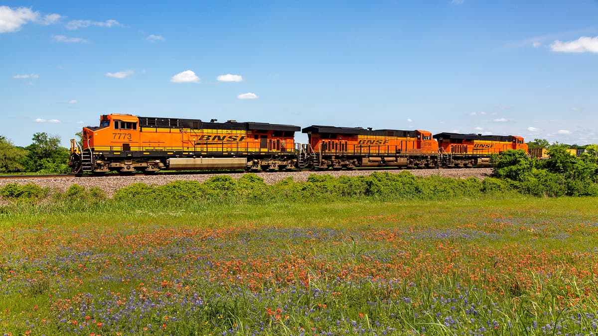 A photograph of a train traveling along a grassy field.