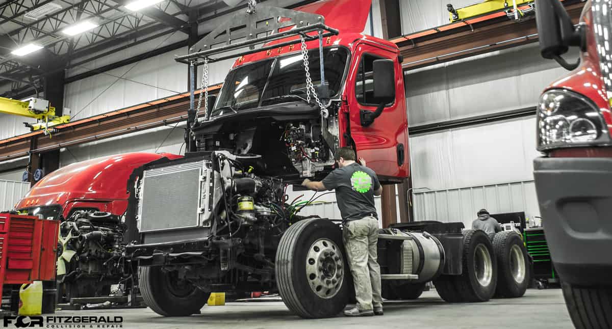 Freightliner truck in repair shop