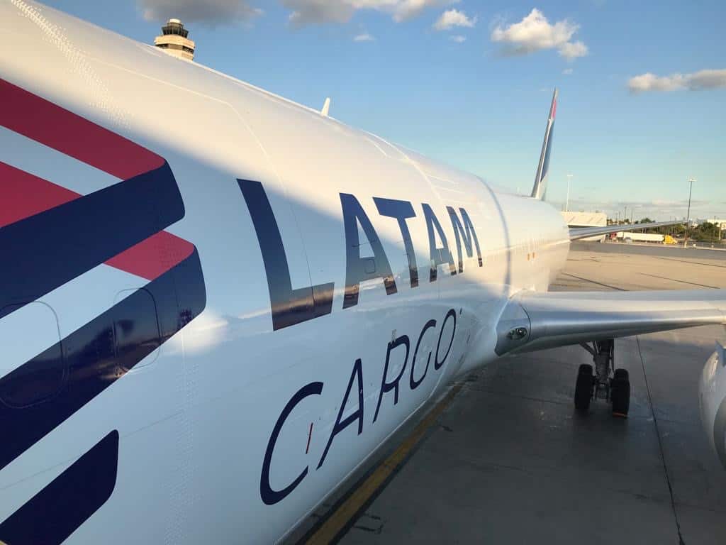 Close up fuselage view of LATAM Cargo aircraft.