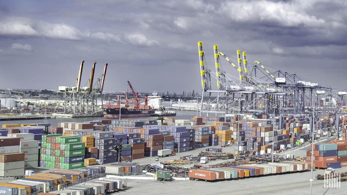 Stacks of shipping containers at a major port