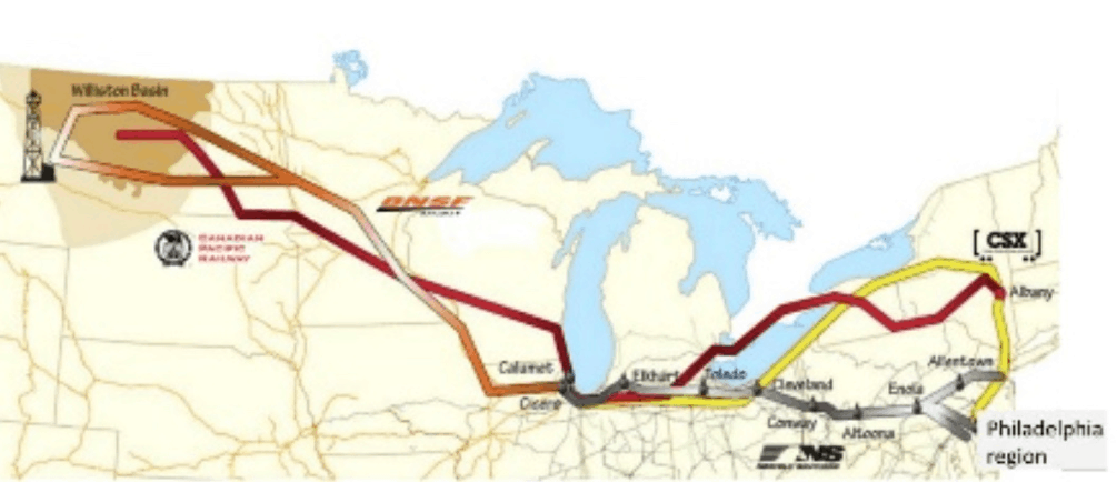 Map of rail routes from Bakken oil fields to refineries in eastern Pennsylvania