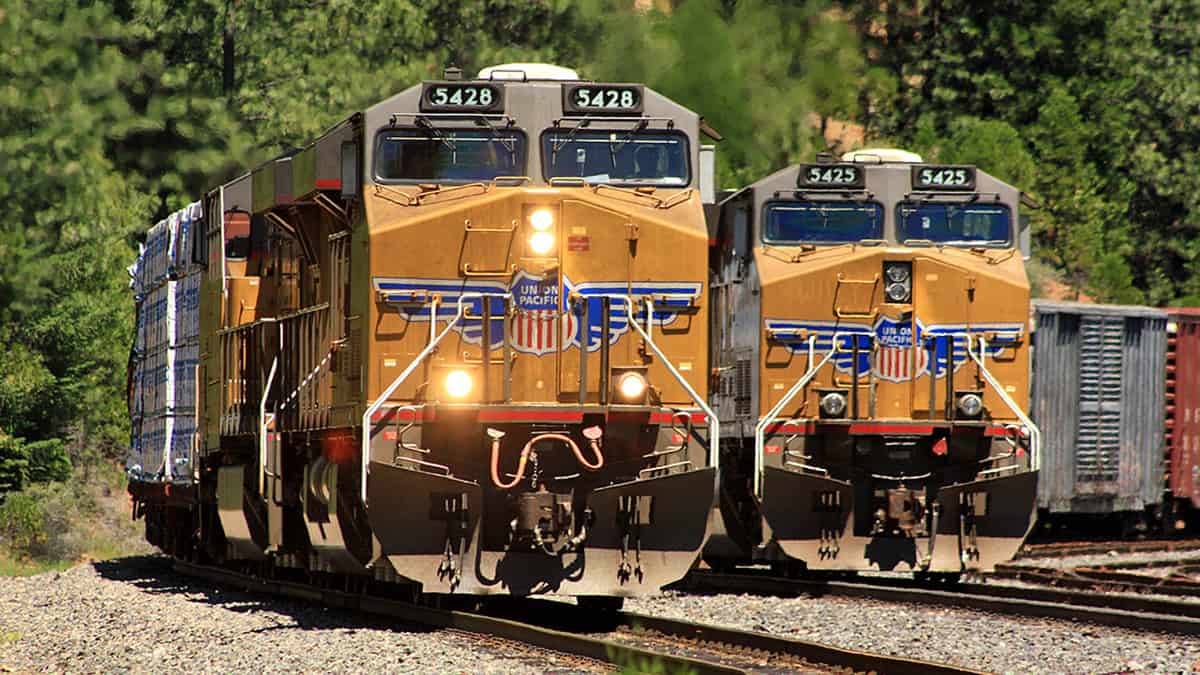 A photograph of two train locomotives.