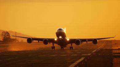Plane landing in sunset