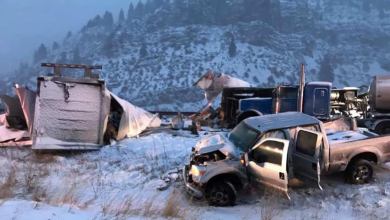 Tractor-trailer wreck on snowy Colorado highway.