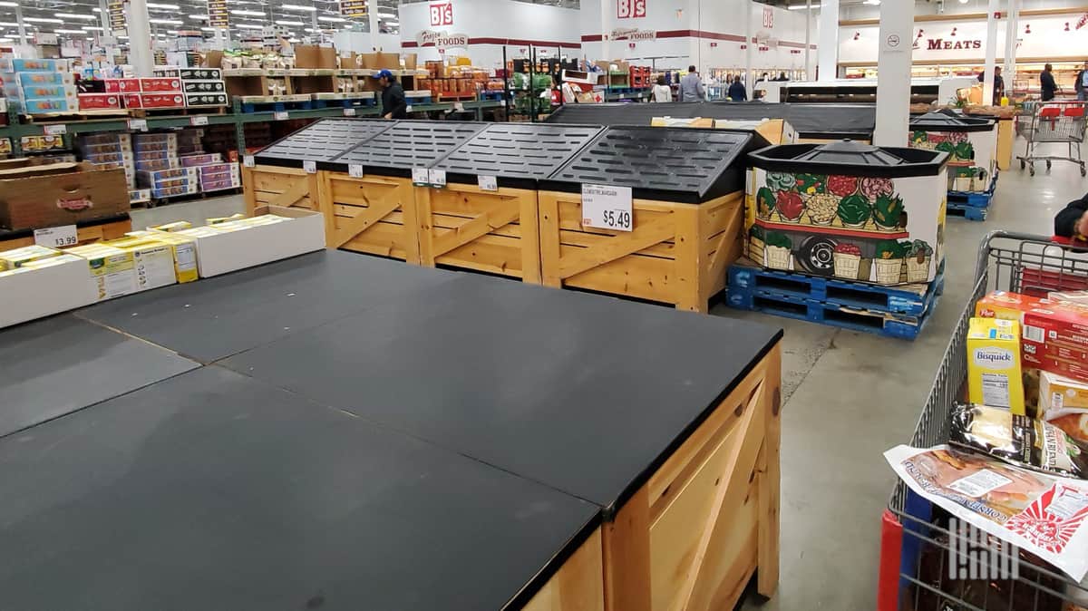 Produce shelves sit empty in a BJs Wholesale Club during the COVID pandemic. (Photo: Brian Straight/FreightWaves)