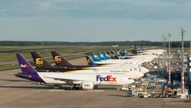 Big freighter planes lined up side by side