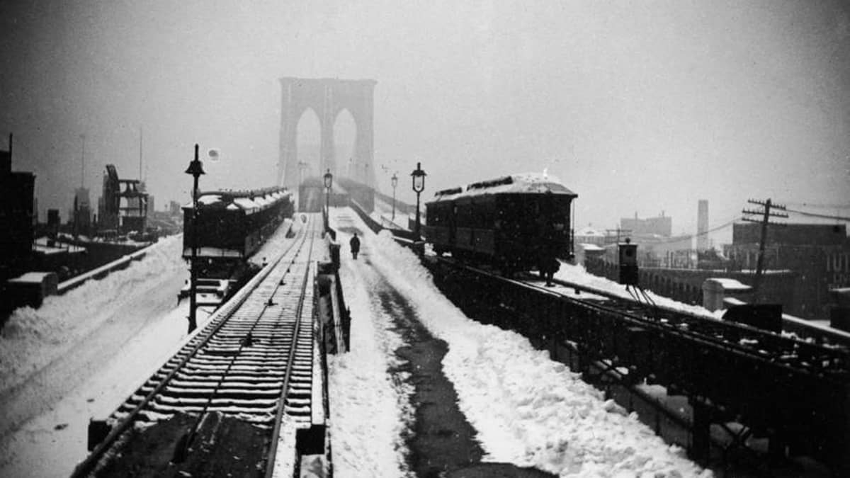 Brooklyn Bridge in New York City right after the Great Blizzard of 1888.