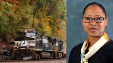 A composite image. On the left is a photograph of a locomotive. On the right is a photograph of a woman.
