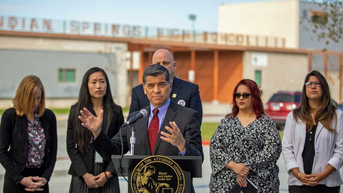 California's attorney general speaks to reporters