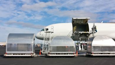 Air freighter and cargo pallets on tarmac