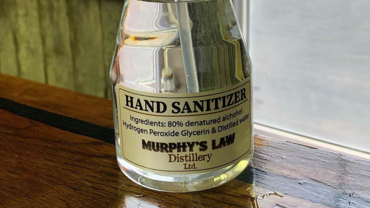 A spray bottle of hand sanitizer produce by Murphy's Law distillery in Ontario, Canada