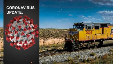A composite image. On the left are the words "coronavirus update," with a close-up image of the virus strain. On the right is a photograph of a train.