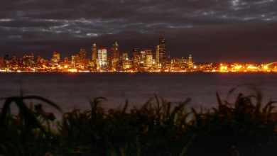 Puget Sound and Seattle at night.