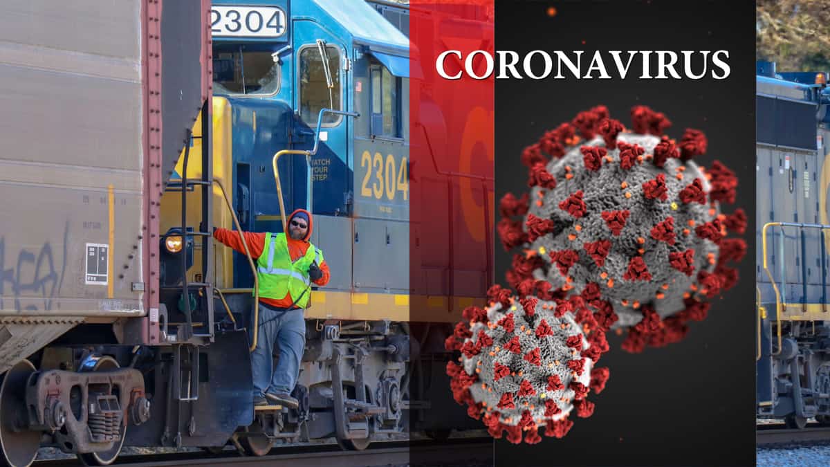 A composite image. On the left is a photograph of a rail employee standing next to a freight train. On the right is the word coronavirus with an image of the virus underneath the word.