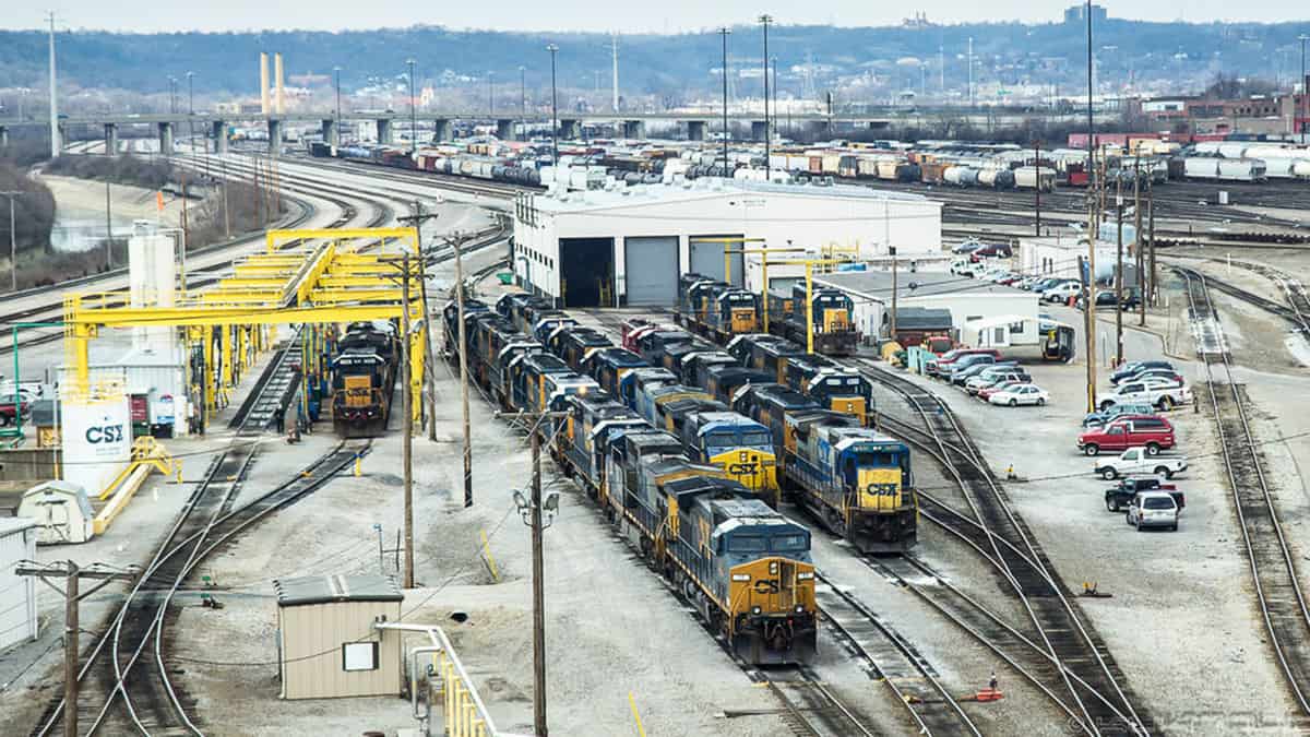 A photograph of locomotives at a rail yard.