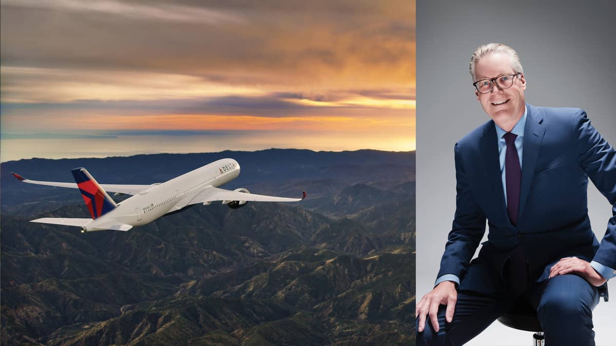 A Delta plane in sunlight sky and CEO Ed Bastian.