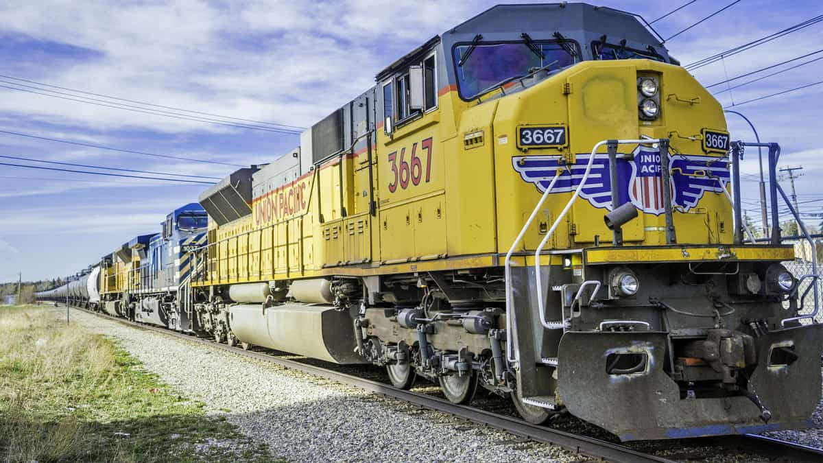 A photograph of a train in a field.