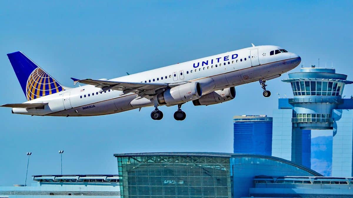 A white United plane takes off from Las Vegas.