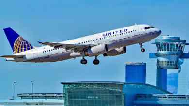 A white United plane takes off from Las Vegas.