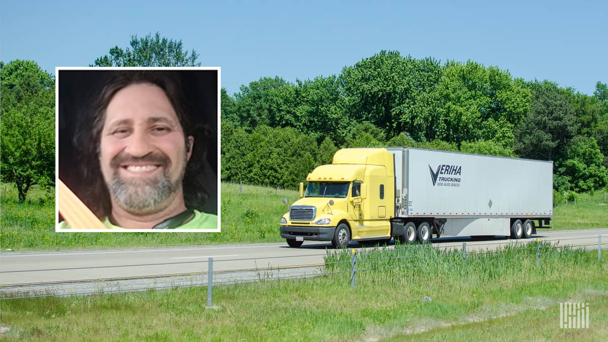 Photo of Veriha Trucking tractor-trailer with inset photo of driver Frank Martin.