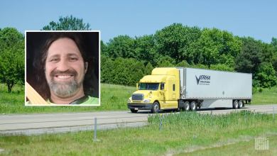 Photo of Veriha Trucking tractor-trailer with inset photo of driver Frank Martin.