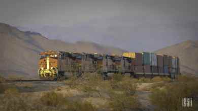 A train hauling railcars through a field. There is a mountain range in the background.