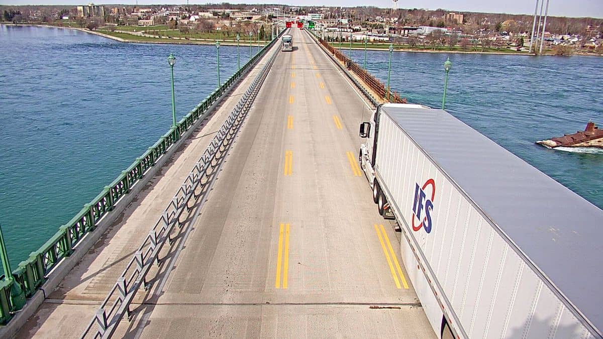A live webcam on the Peace Bridge shows a truck preparing to cross from the U.S. to Canada.