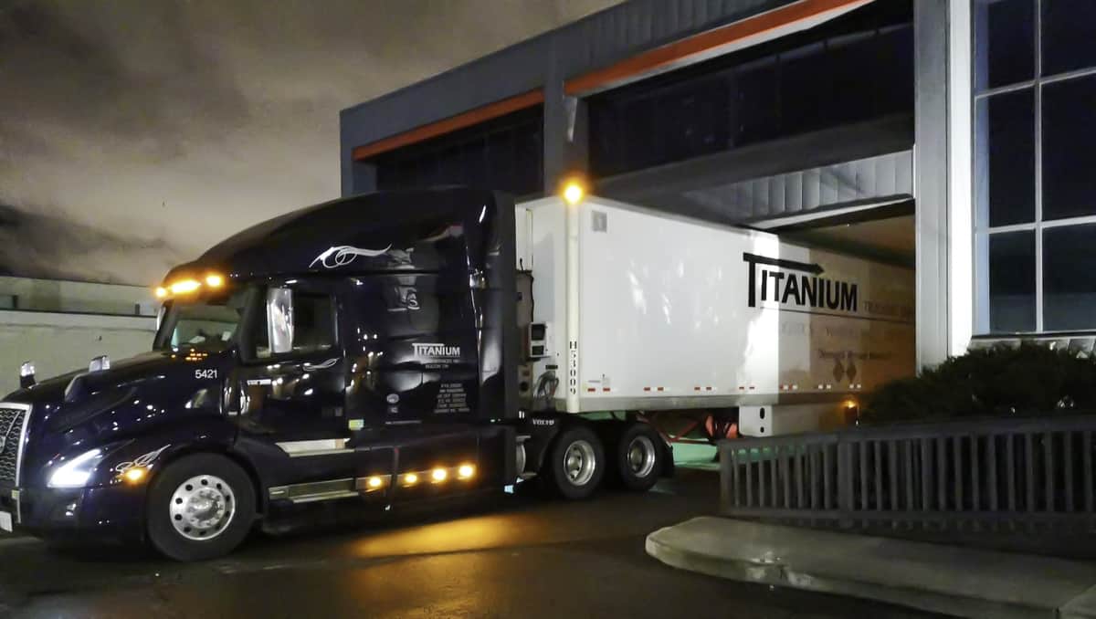 A tractor-trailer of Canadian trucking company Titanium Transportation Group delivering a truckload of N95 masks