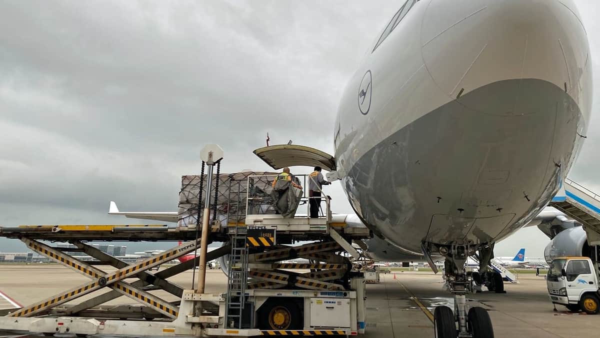 A Lufthansa passenger plane is loaded with cargo from the side door.