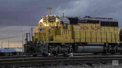 A photograph of a freight train locomotive.