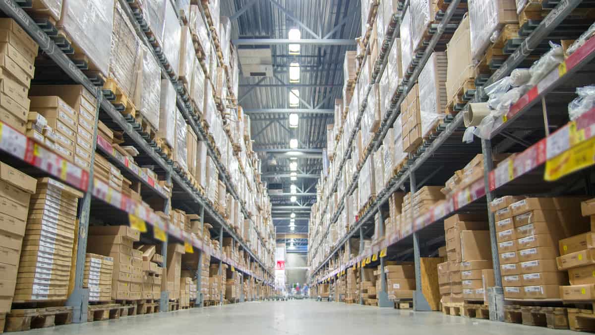 Rows of warehouse shelving 24-feet tall