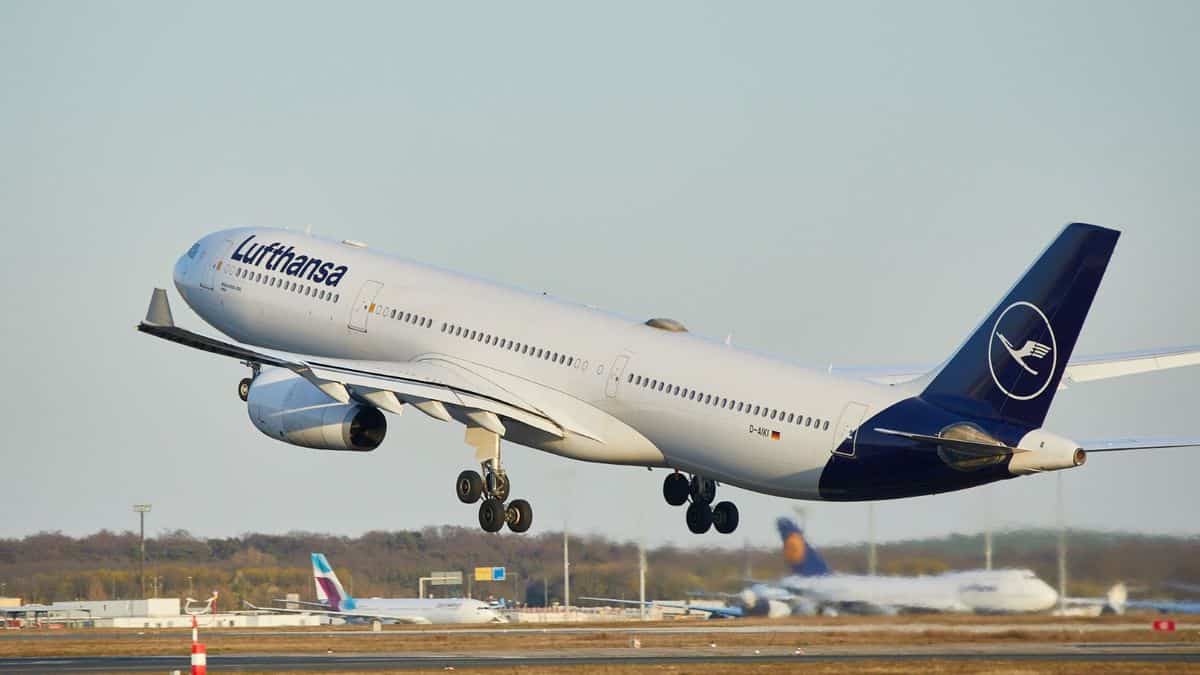 A big white Lufthansa plane takes off.