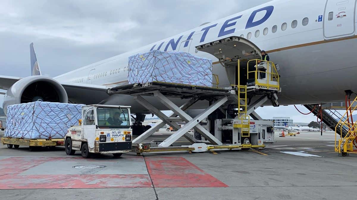 A big white jet gets loaded with pallets of cargo.