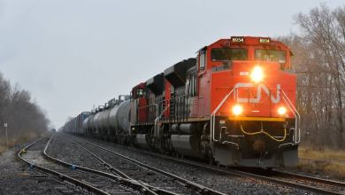 A photograph of a locomotive engine hauling railcars. Trees line either side of the track.