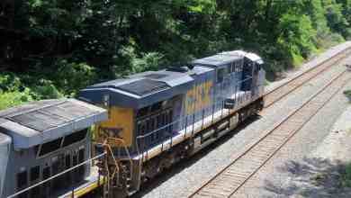A photograph of a train locomotive traveling by a forest.