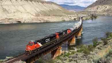 A photograph of a train on a bridge that's crossing a lake.