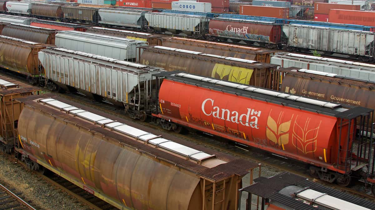 A photograph of railcars and hopper cars lined up on rail tracks.