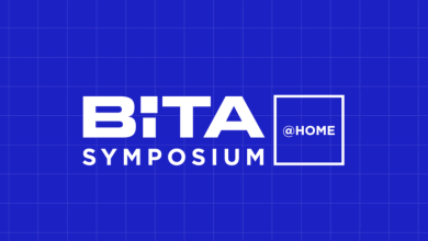 Blue background that says BiTA Symposium at Home