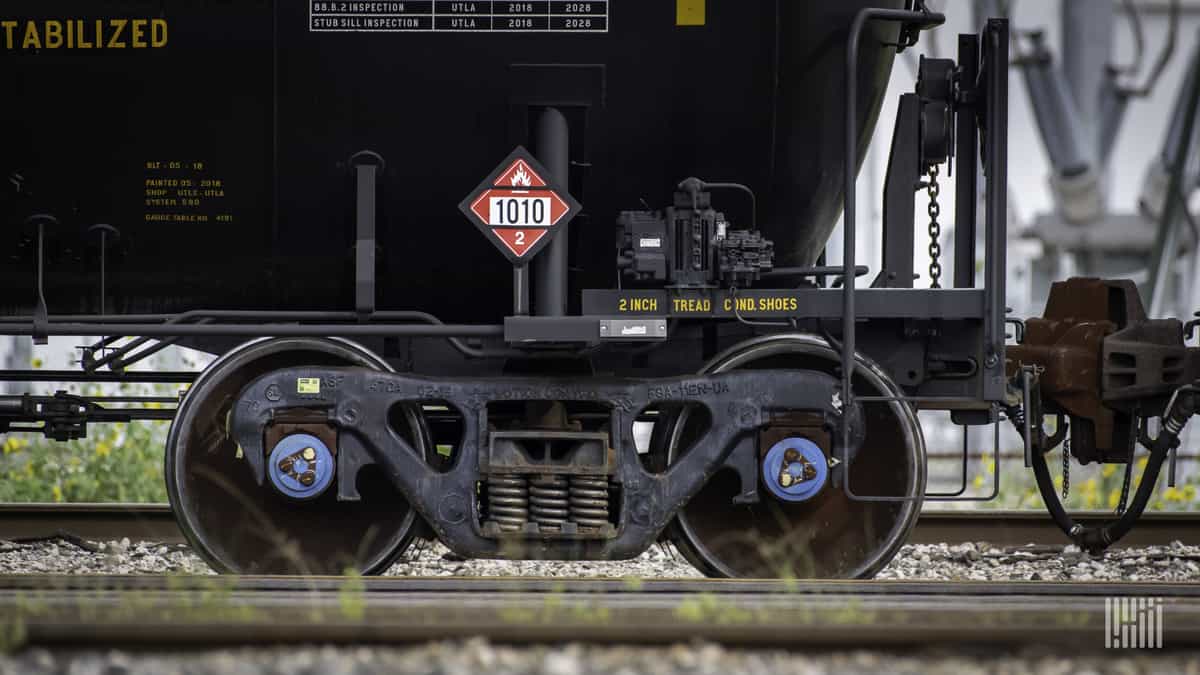 A close-up photograph of the wheels of a railcar.