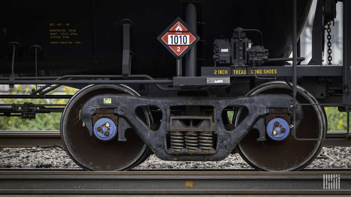 A photograph of the wheels of a railcar.