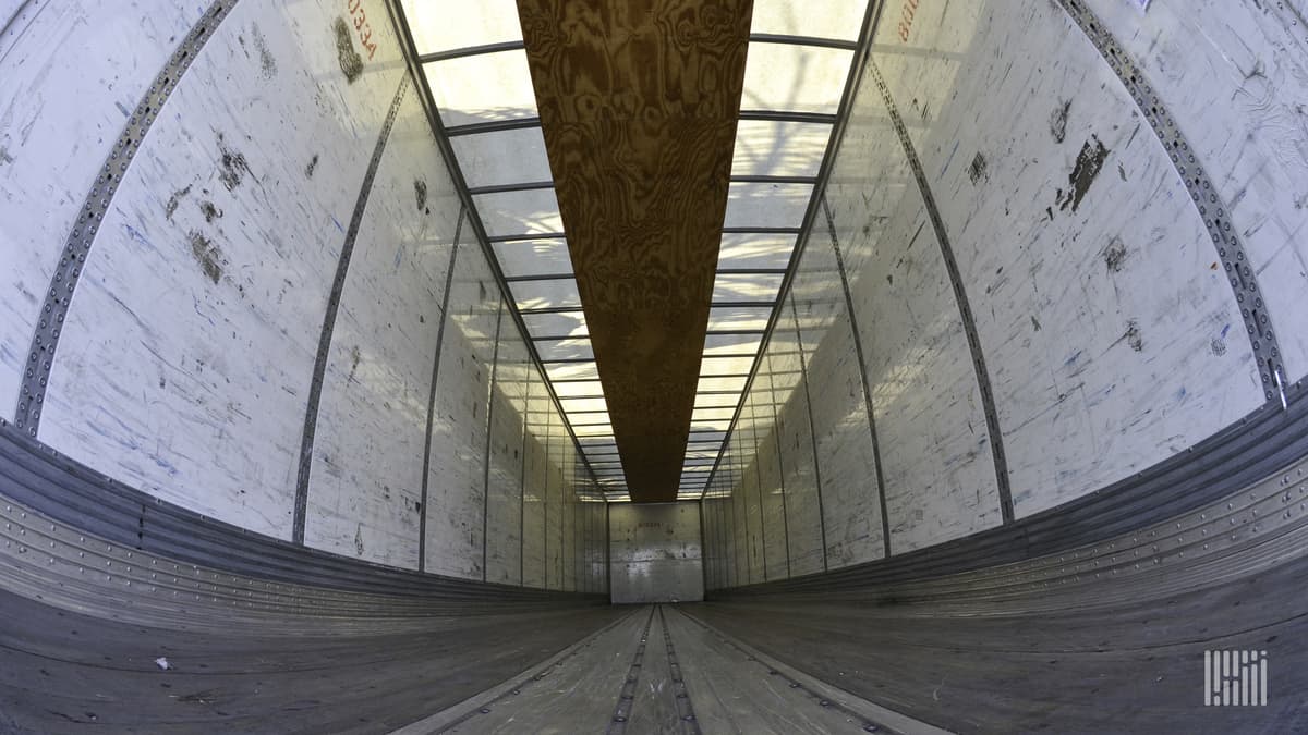 The interior of an empty trailer photographed from a super-wide angle from the floor.