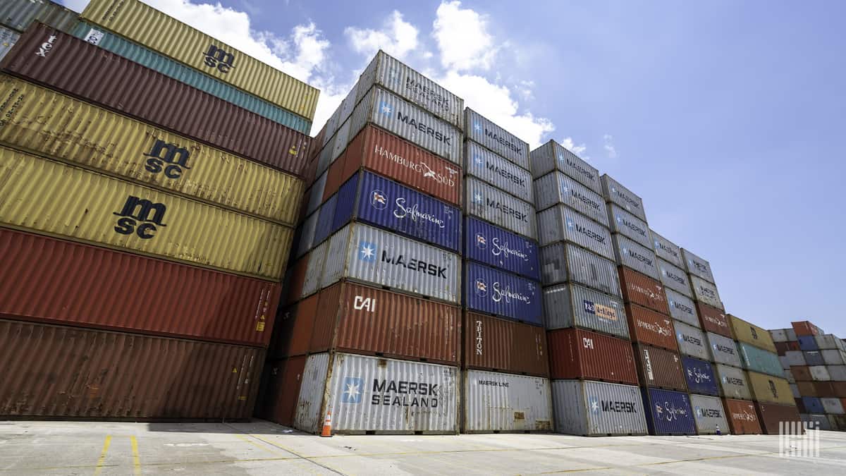 Containers are stacked 7-high at a U.S. port.