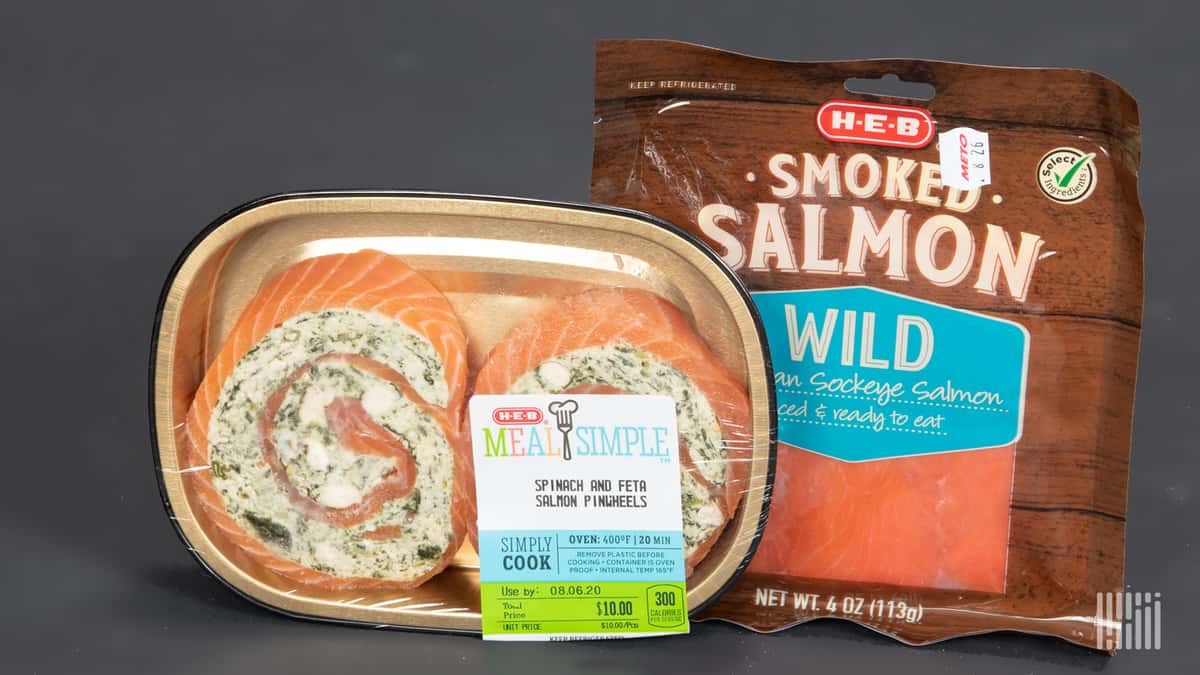 Salmon products (smoked salmon and spinach, salmon and feta pinwheels).