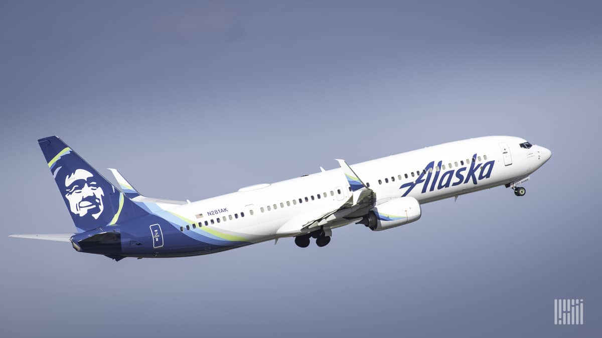 An Alaska Airlines jet just after take-off.