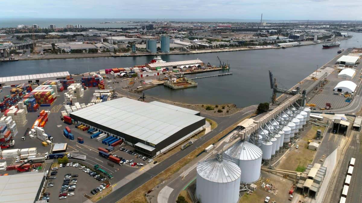 Aerial view of the Port of Melbourne, which could suffer work slowdowns because of new COVID safety measures.